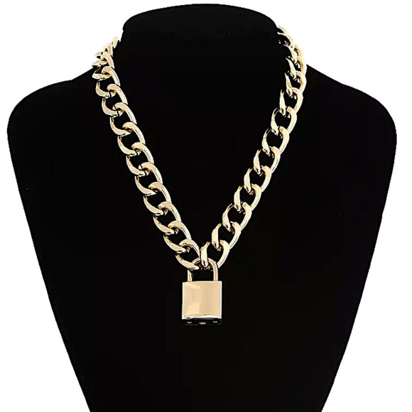 Gold Lock & Key Cuban Chain Link Punk Choker - Picture 3 of 13